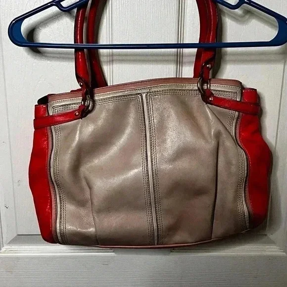 Coach Madison Coral Colorblock Leather Parchment Kara Carryall Tote Bag - Picture 5 of 8